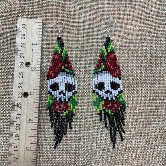 Beaded Fringe Earrings Skulls and Roses Handmade - Picture 4 of 5